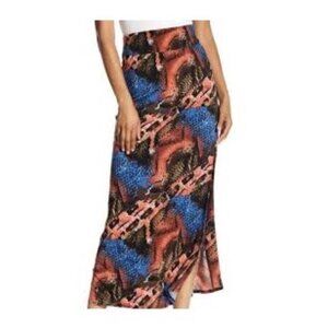 BCBG Womens Skirt Size Small Long Maxi Brown Melon Blue Printed Knit